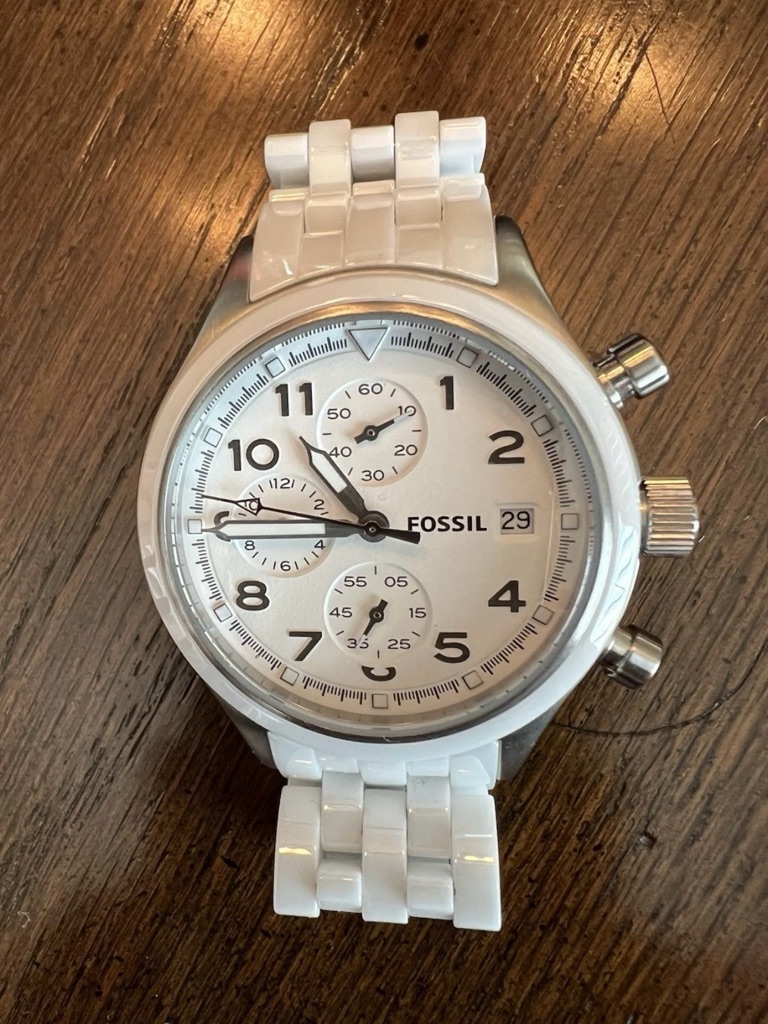 Fossil White And Silver Ceramic Chronograph Watch